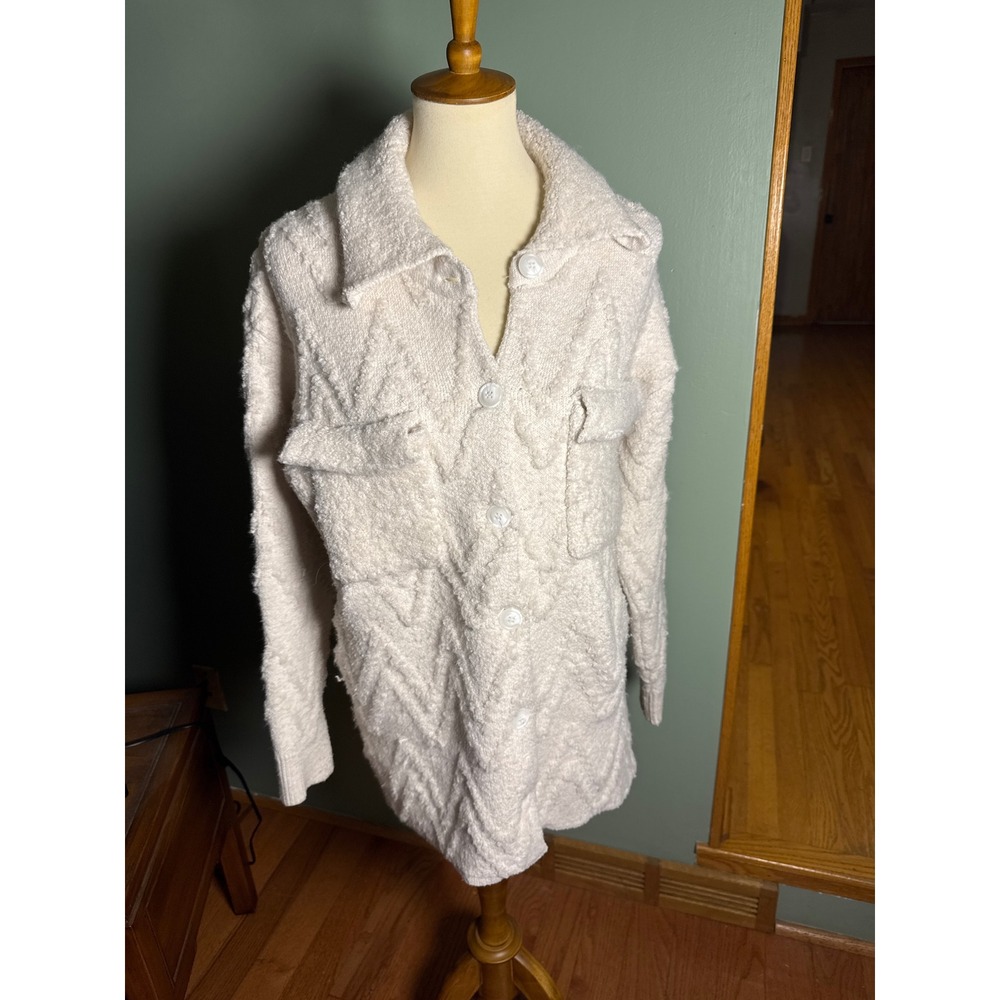Anthropologie Textured Chevron Knit‎ Button Collared Jacket Cream flat white